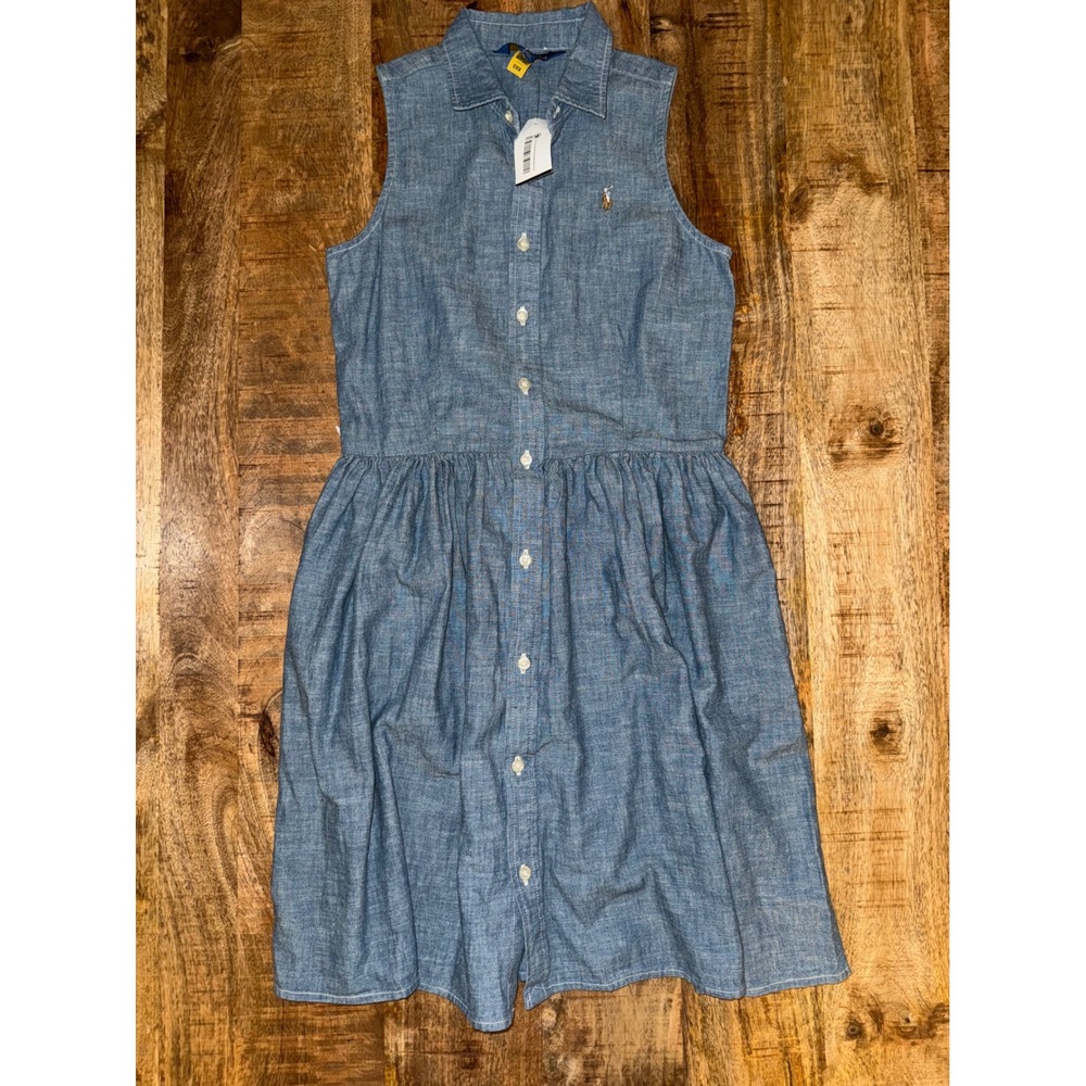 Polo Ralph Lauren Girls Blue Chambray Sleeveless Button Front Dress Size 14 NWT